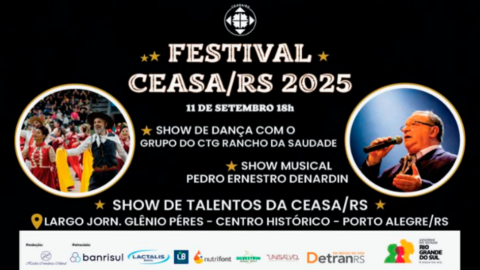 Card com informa&ccedil;&otilde;es sobre o festival ceasa 50 anos, fundo preto, letras chamativas, imagem dos artistas nos cantos e hor&aacute;rios.